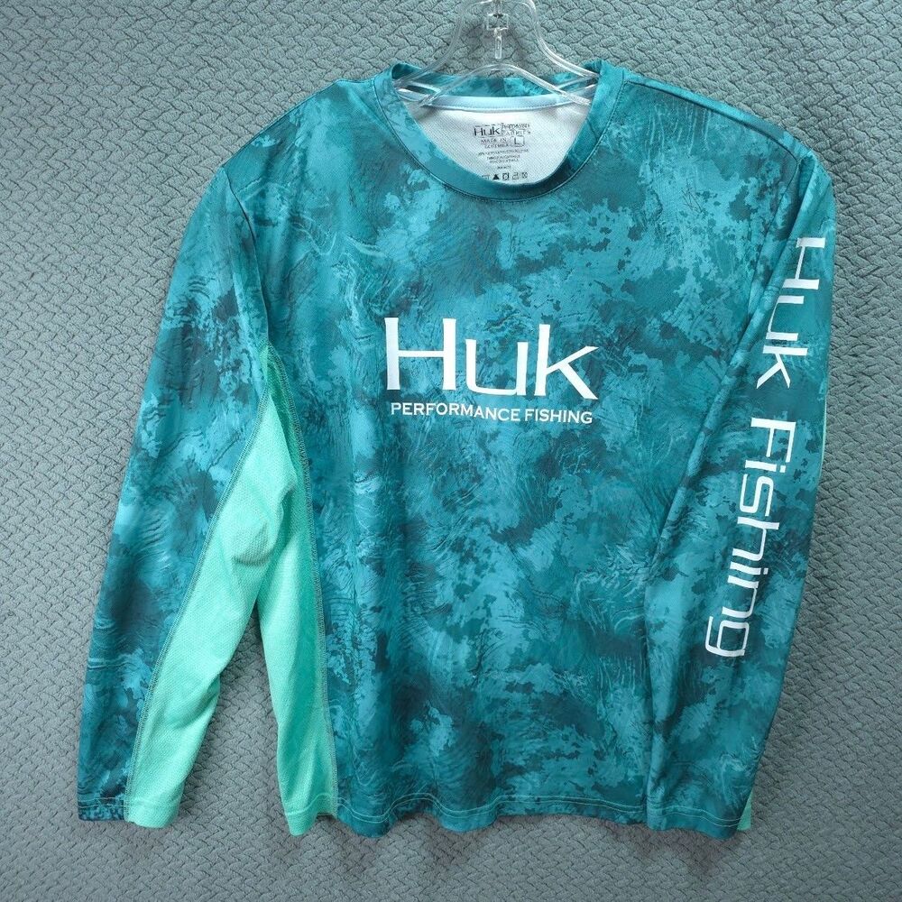 Huk Icon X Fishing Shirt Mens Teal Camo XL Vented Utility Outdoor Camping Hiking